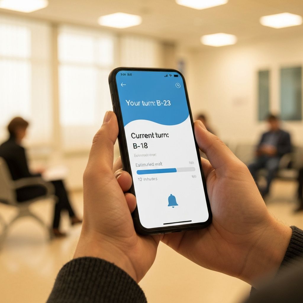 Seguimiento de turno desde el celular mostrando posición en la fila y tiempo estimado