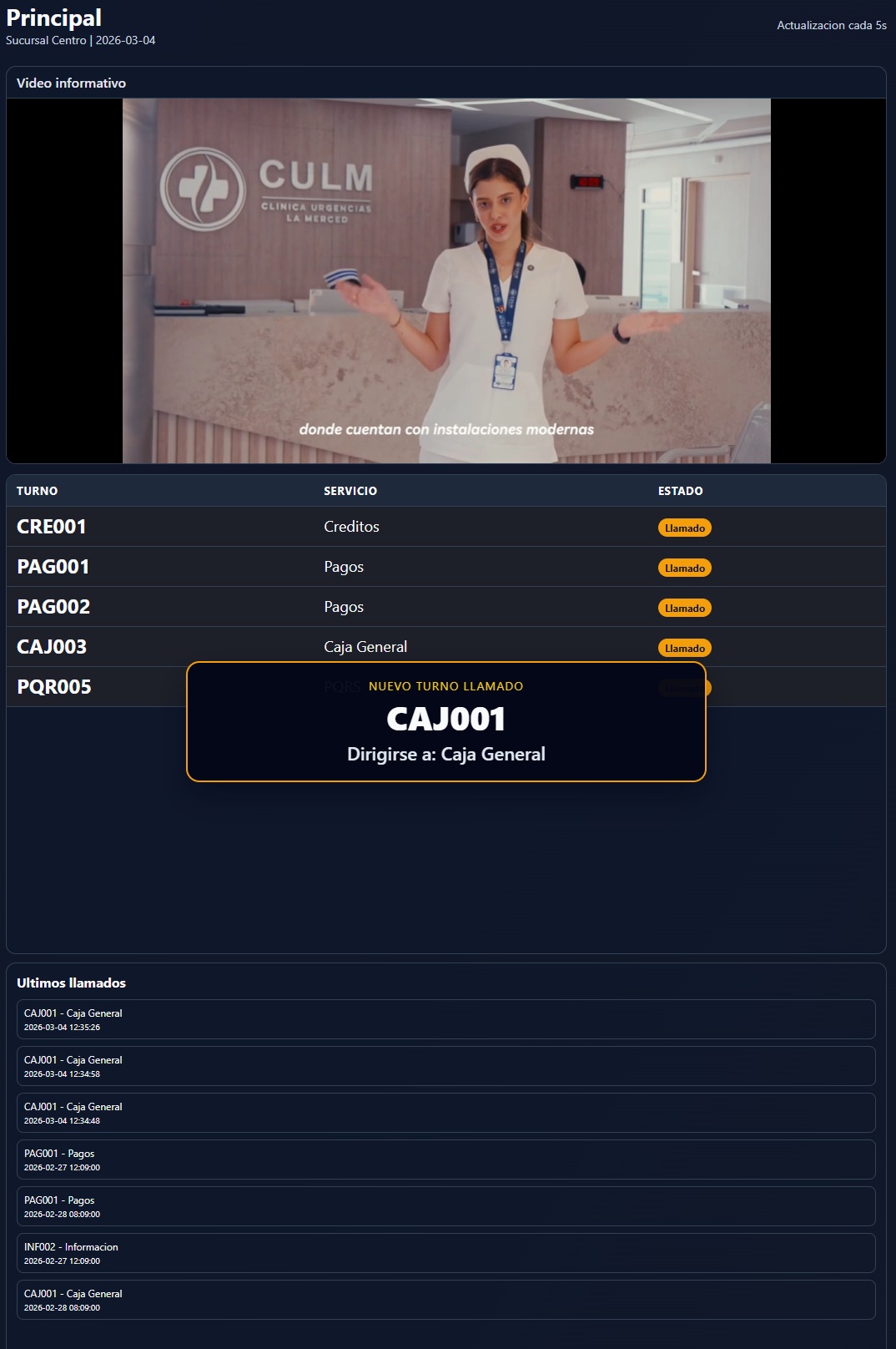 Pantalla de turnos con llamado por voz y contenido multimedia en disposición horizontal