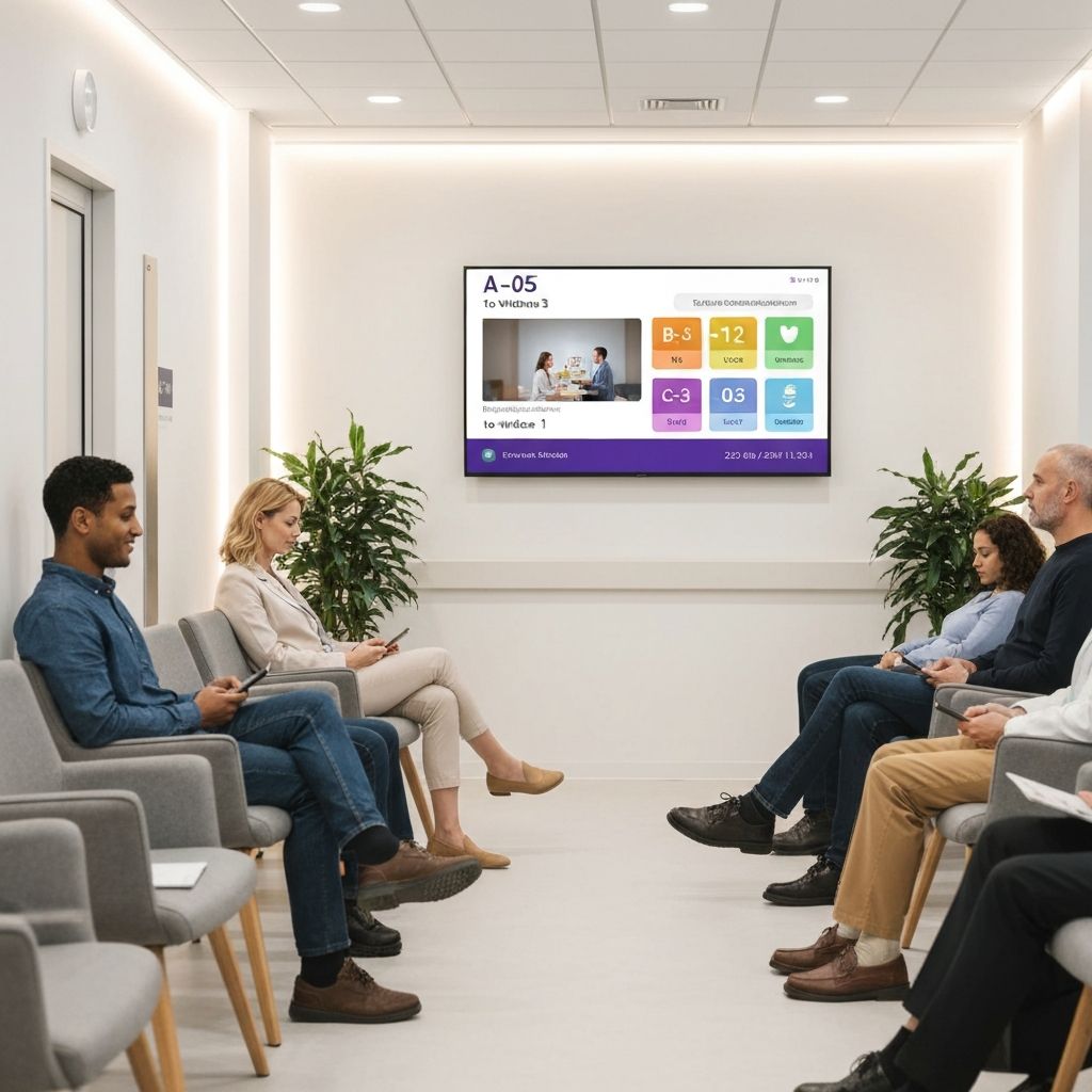 Sala de espera moderna con pantalla multimedia de gestión de turnos mostrando tickets y ventanillas